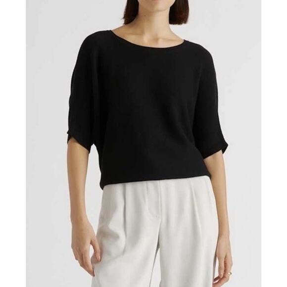 Quince Cotton Cashmere Link-Stitch Dolman Knit Top Black Sz Large Lightweight - Picture 1 of 8